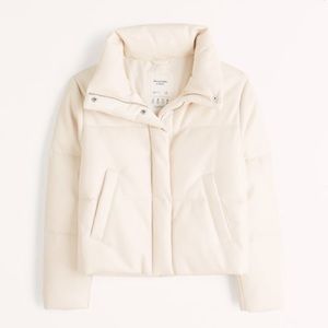 NEW Abercrombie & Fitch Ultra Mini Puffer Jacket Vegan Leather Cream Size XS